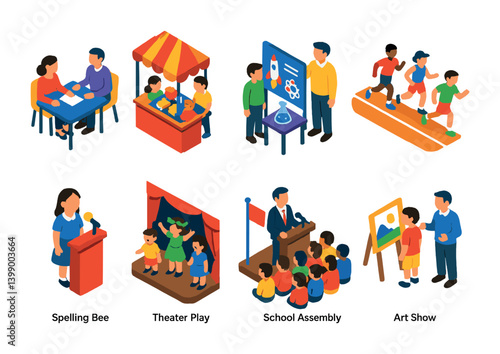 Isometric flat vector set of icons of community maps: neighborhood pin, school zone, playground marker, community center, local business, nearby friend, event area, public space. isolated transparent