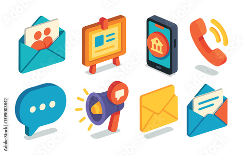 Isometric flat vector set of icons of school communication: parent email, notice board, school app, phone call, chat bubble, announcement speaker, message icon, letter home. isolated transparent