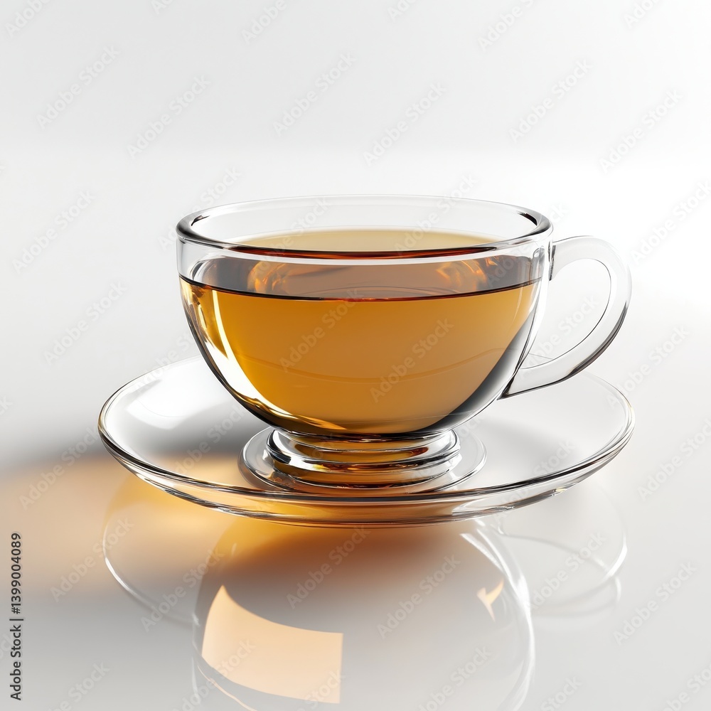 A clear teacup filled with amber liquid isolated on white background A clear teacup filled with amber liquid isolated on white background