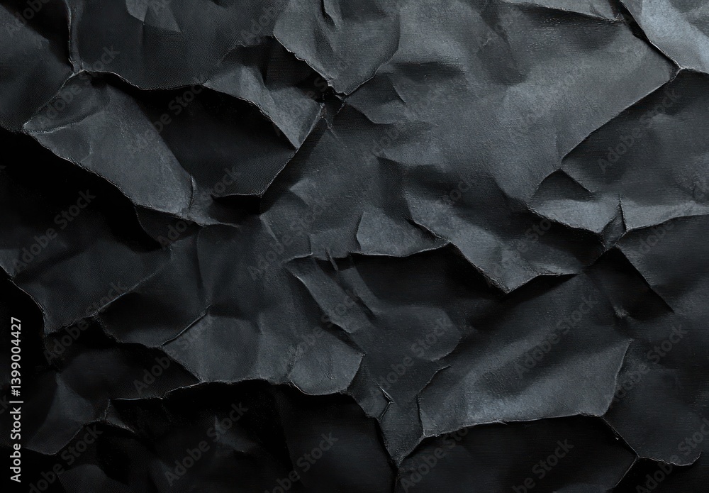 Abstract minimalist black paper texture with crumpled folds and shadows in low light Abstract minimalist black paper texture with crumpled folds and shadows in low light