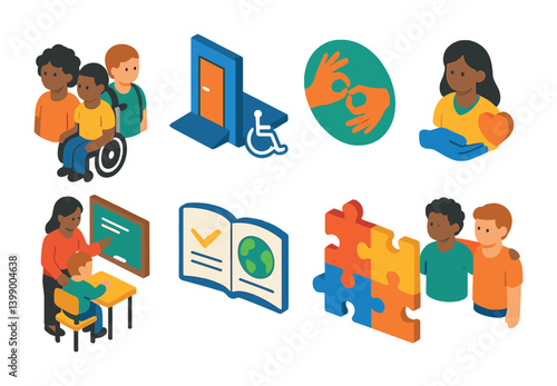 Isometric flat vector set of icons of inclusive education: diverse students, accessible entrance, sign language icon, support icon, classroom aide, inclusive curriculum, autism symbol, buddy system.
