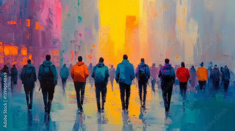 A stunning abstract image depicting silhouetted figures walking toward a vibrant and colorful horizon, symbolizing hope and the journey of life.