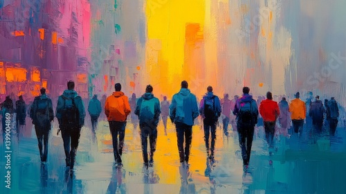 Obraz na płótnie A stunning abstract image depicting silhouetted figures walking toward a vibrant and colorful horizon, symbolizing hope and the journey of life. w salonie