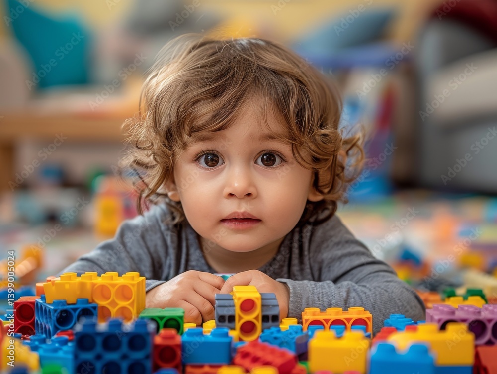 A charming close-up of a curly-haired child intently playing with colorful building blocks, embodying innocence and joy in a vibrant, engaging play environment.