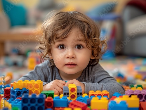 Obraz na płótnie A charming close-up of a curly-haired child intently playing with colorful building blocks, embodying innocence and joy in a vibrant, engaging play environment. w salonie