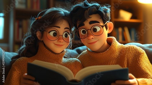 Obraz na płótnie A charming animated couple smiles brightly as they read a book together, embodying joy, connection, and the warmth of shared moments, set in a cozy, inviting space. w salonie