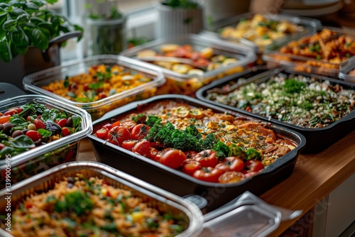 Obraz na płótnie This tantalizing image features a beautifully arranged assortment of colorful gourmet dishes, showcasing a variety of fresh ingredients perfect for any gathering or feast. w salonie