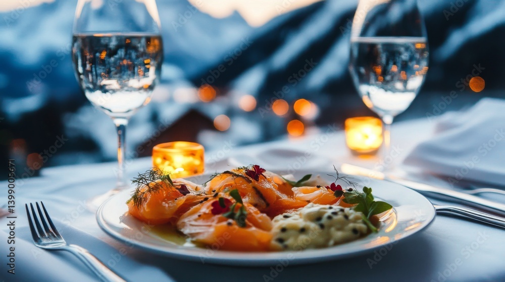 A beautifully arranged plate of salmon garnished with herbs, accompanied by two glasses of water, set against a stunning mountain backdrop and warm candlelight ambiance.