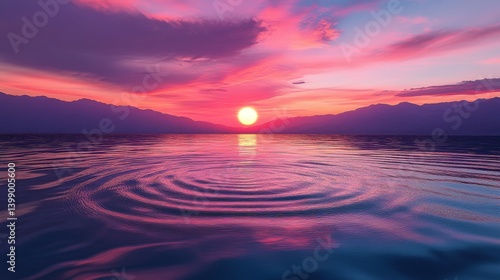 Obraz na płótnie This mesmerizing landscape presents a beautiful sunset casting vibrant colors over calm waters, with ripples creating a soothing essence of nature's tranquility. w salonie
