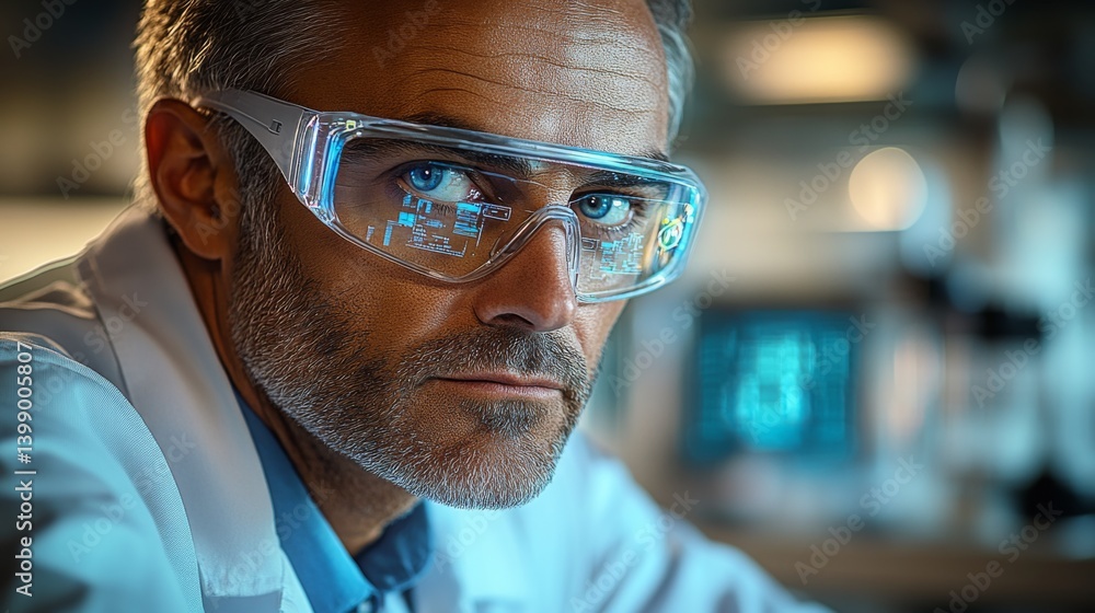 A serious scientist wearing advanced virtual reality glasses, showcasing a high-tech laboratory environment, emphasizing innovation and cutting-edge research concepts in science.