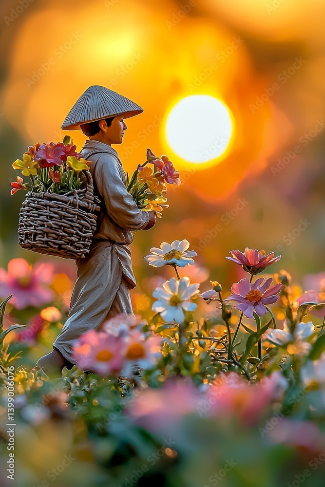 A detailed figure of a young gardener carrying a basket of flowers epitomizes the harmony between nature and humanity, capturing a moment of serene labor amidst blooming colors.