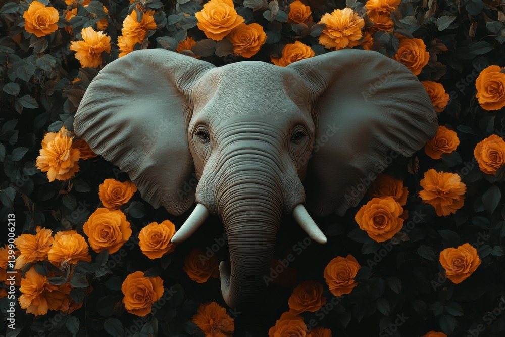 A stunning depiction of an elephant framed by vibrant orange roses symbolizes beauty, strength, and harmony between wildlife and nature in an artistic and emotional context.