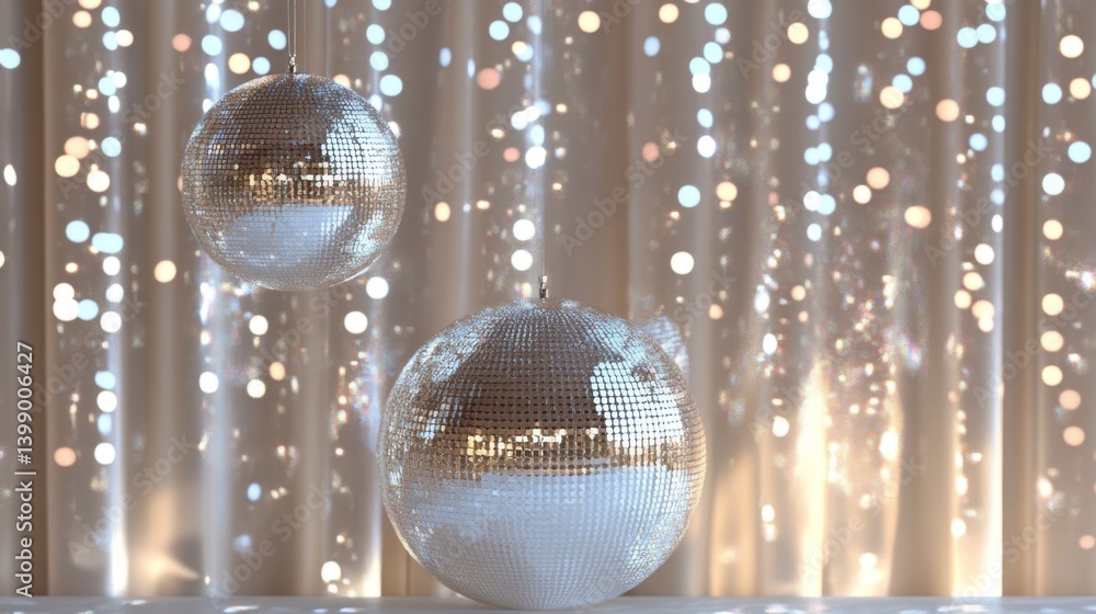 Two stunning disco orbs reflect light in a dazzling display, suggesting a vibrant atmosphere ideal for parties, events, and celebratory gatherings.