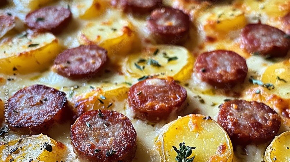 A mouth-watering dish featuring golden potatoes topped with savory smoky sausage, highlighting a blend of flavors that are comforting and deliciously satisfying.