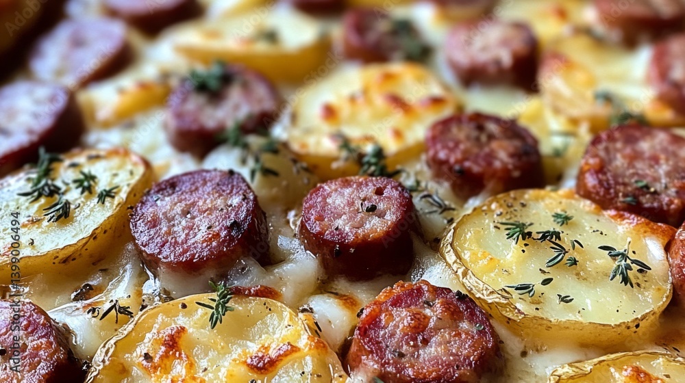 A mouth-watering baked dish featuring succulent sausages and golden potatoes, garnished with herbs, presenting a visually appealing feast full of rich flavors and textures.