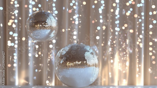 Obraz na płótnie Two stunning disco orbs reflect light in a dazzling display, suggesting a vibrant atmosphere ideal for parties, events, and celebratory gatherings. w salonie