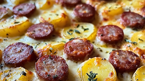 Obraz na płótnie A mouth-watering dish featuring golden potatoes topped with savory smoky sausage, highlighting a blend of flavors that are comforting and deliciously satisfying. w salonie