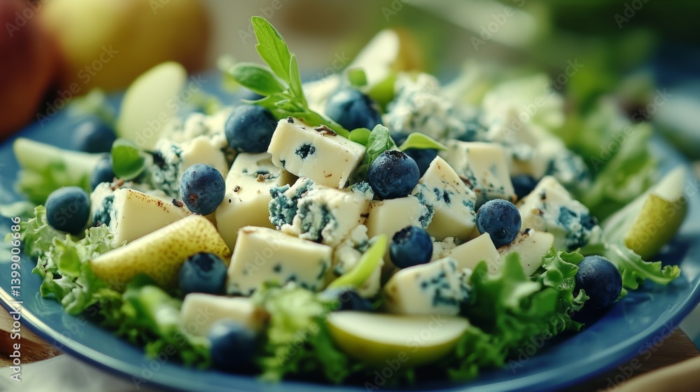 An appetizing mix of greens, blue cheese cubes, and fresh blueberries paired with ripe pears that offers a refreshing take on salad and emphasizes a healthy lifestyle choice.