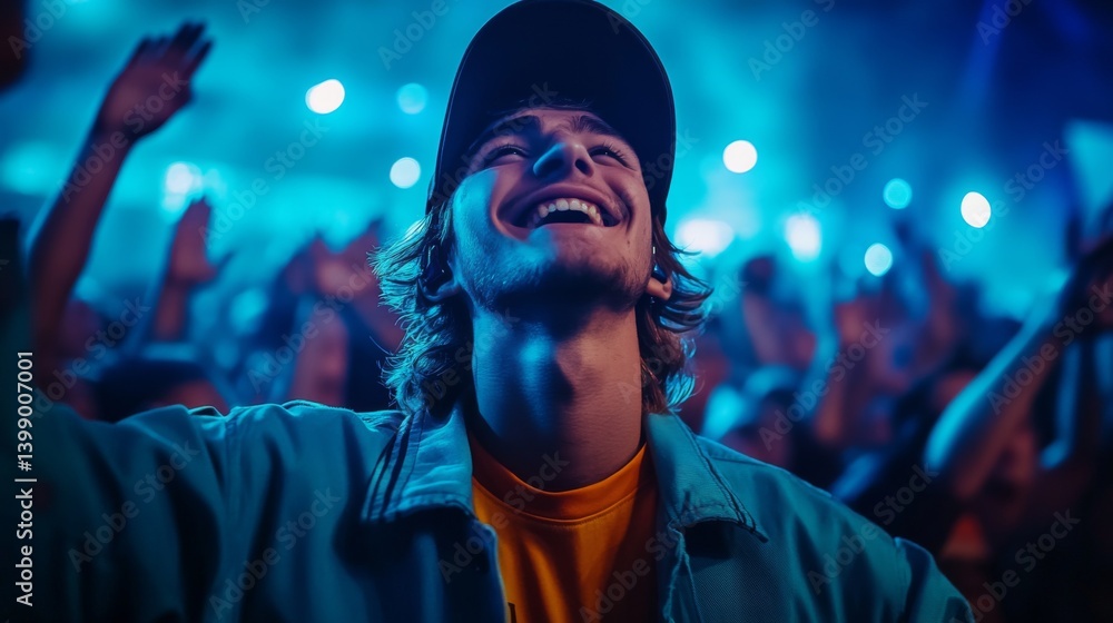 A young man smiling brightly amidst a lively concert crowd, capturing the essence of joy and excitement while immersed in the experience of live music and entertainment.