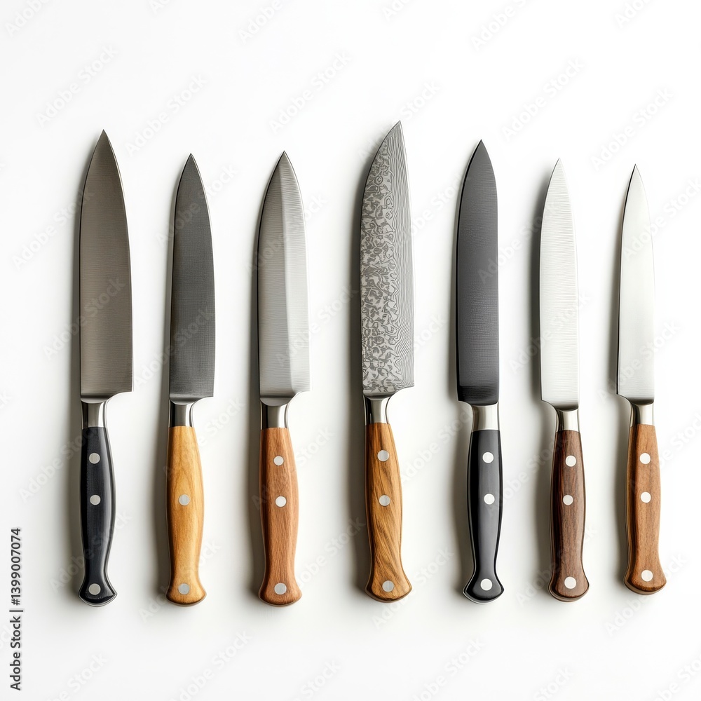 A Collection of Kitchen Knives: Seven assorted kitchen knives displayed in a row, each with unique blade styles and wooden handles. A Collection of Kitchen Knives: Seven assorted kitchen knives displayed in a row, each with unique blade styles and wooden handles.
