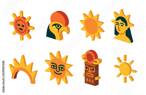 Isometric flat vector set of icons of spiritual sun symbols: third eye with sun, sun halo, sacred rays, enlightened head, energy sun circle, ancient sun icon, ritual flame, radiant spirit. . , icons