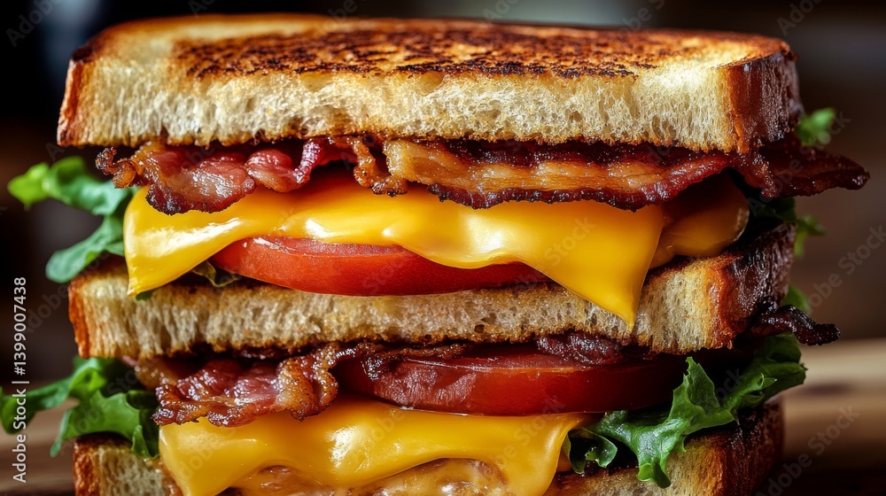 A tempting triple-decker bacon cheeseburger stacked high with melted cheese, crispy bacon, fresh tomatoes, and greens, nestled between toasted bread for maximum flavor.