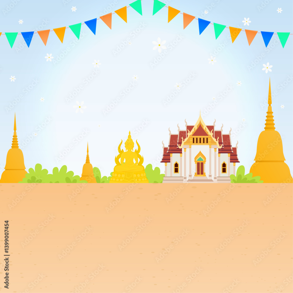 Obraz premium nature background Thai temple, Buddha statue and Sand pagoda for asia and thailand festival illustration landscape design