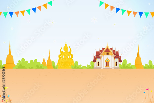 nature background Thai temple, Buddha statue and Sand pagoda for asia and thailand festival illustration landscape design