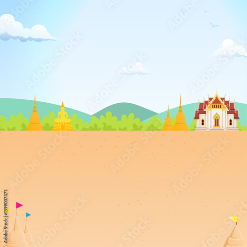 nature background Thai temple, Buddha statue and Sand pagoda for asia and thailand festival illustration landscape design