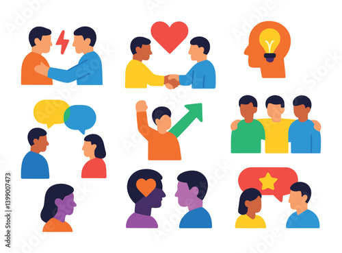 Isometric flat vector set of icons of team dynamics: conflict resolution, mutual respect, brainstorming head, debate bubble, motivation icon, team bonding, emotional intelligence, constructive