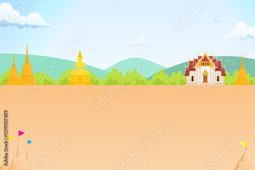 nature background Thai temple, Buddha statue and Sand pagoda for asia and thailand festival illustration landscape design
