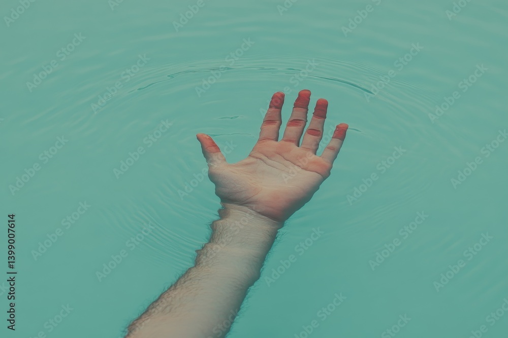 A serene image of a hand reaching out above calm, turquoise water, symbolizing yearning, peace, and connection with nature in a tranquil setting.