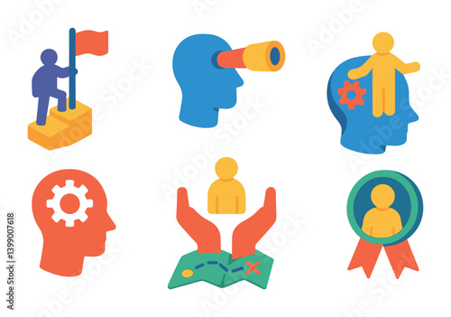 Isometric flat vector set of icons of leadership and management: leadership flag, visionary icon, coach figure, support hands, planning head, strategic map, growth mindset, mentor badge. isolated