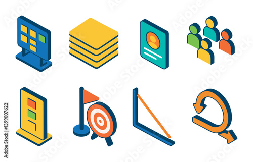Isometric flat vector set of icons of agile teams: sprint board, backlog icon, user story card, scrum meeting, kanban column, sprint goal, burndown chart, agile cycle. . , icons isolated transparent