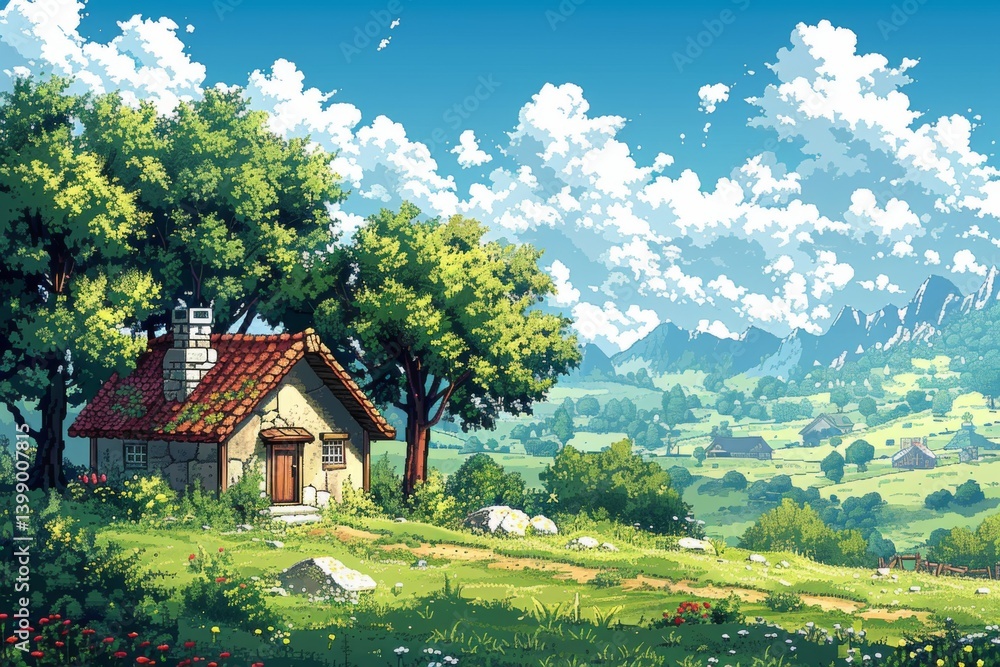 An animated image featuring a quaint cottage nestled among vibrant greenery and mountains, capturing the essence of fantasy and tranquility in a pastoral setting.