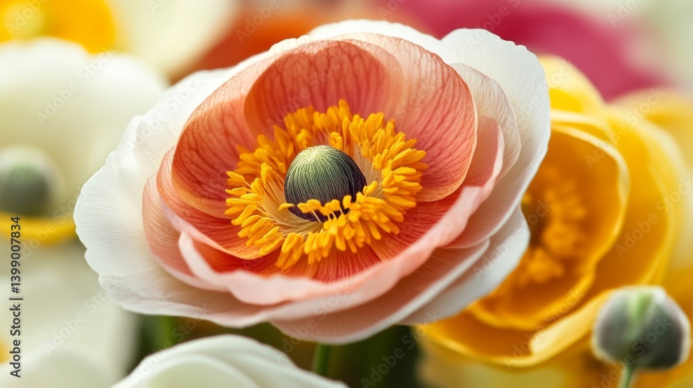 This stunning image showcases a delicate poppy flower, emphasizing its soft petals and vibrant yellow center, capturing the beauty of nature and the essence of springtime.