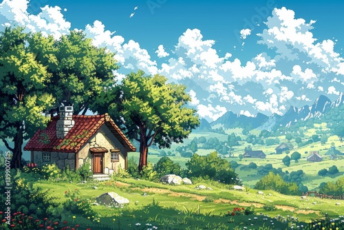 Obraz na płótnie An animated image featuring a quaint cottage nestled among vibrant greenery and mountains, capturing the essence of fantasy and tranquility in a pastoral setting. w salonie