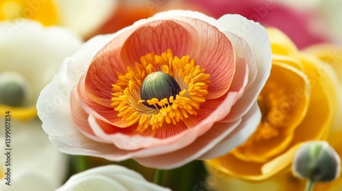 Obraz na płótnie This stunning image showcases a delicate poppy flower, emphasizing its soft petals and vibrant yellow center, capturing the beauty of nature and the essence of springtime. w salonie