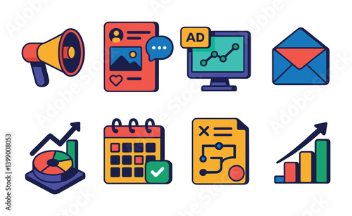 Isometric flat vector set of icons of email marketing: email campaign, newsletter, subscriber list, analytics, open rate, CTR, bulk send, email automation. isolated transparent background.