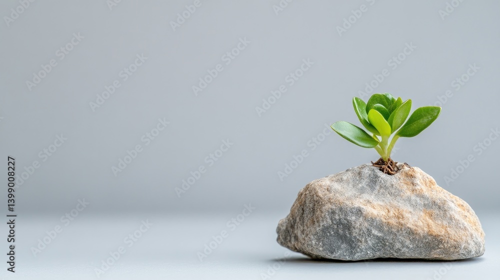 Plant Sprout on Grey Rock Minimalist Style High-resolution Photography Horizontal Close-up View Resilience Concept Neutral Background Soft Grey Tones Ideal for Growth Advertising