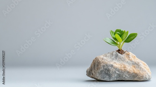 Obraz na płótnie Plant Sprout on Grey Rock Minimalist Style High-resolution Photography Horizontal Close-up View Resilience Concept Neutral Background Soft Grey Tones Ideal for Growth Advertising w salonie