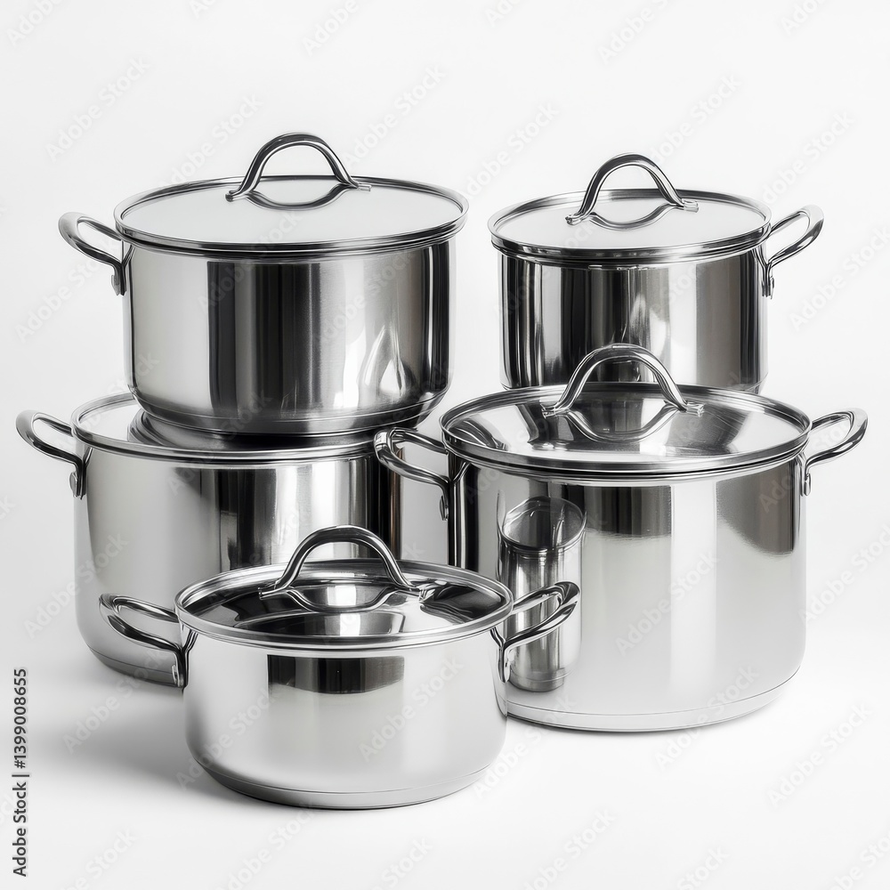 Stainless Steel Cookware Set: A collection of shiny, durable pots and pans ready for culinary adventures. Versatile for any kitchen! Stainless Steel Cookware Set: A collection of shiny, durable pots and pans ready for culinary adventures. Versatile for any kitchen!