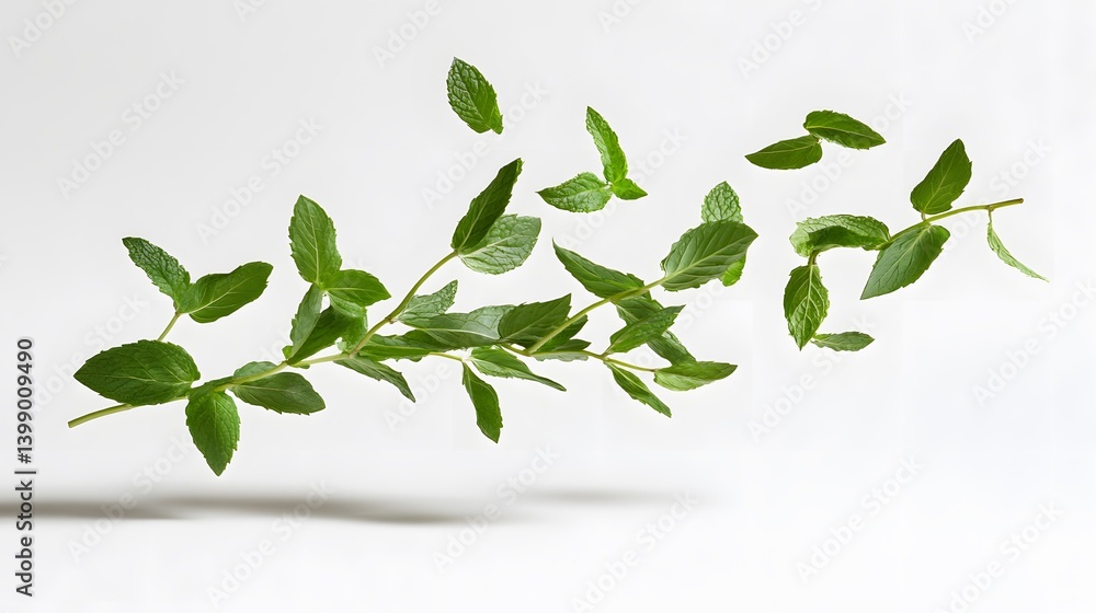 Fresh Mint Sprig with Floating Leaves Herbal Background Fresh Mint Sprig with Floating Leaves Herbal Background