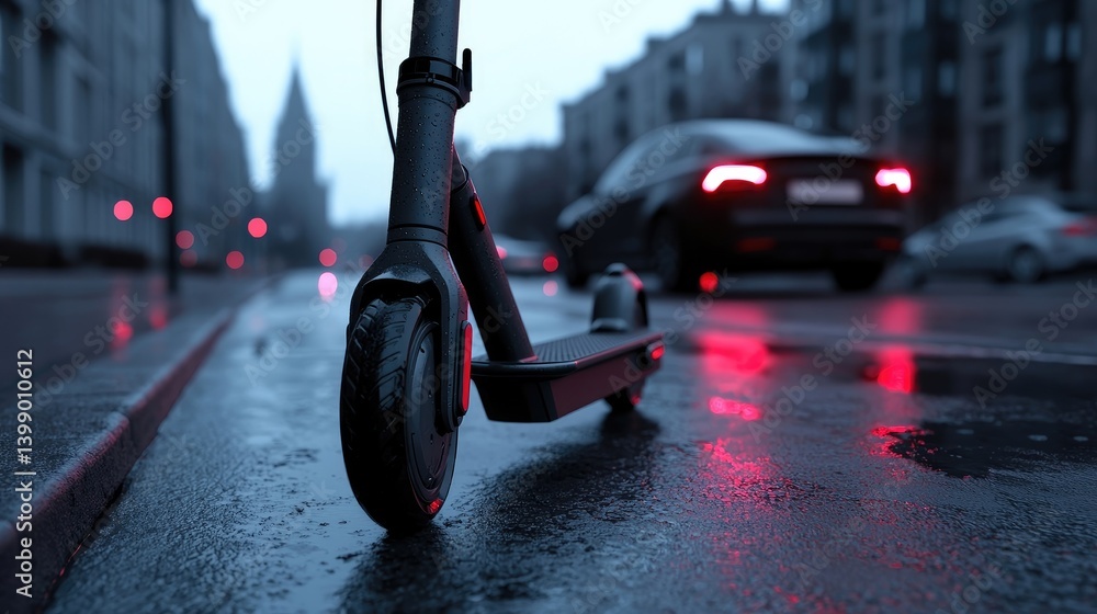 Electric scooter on a wet city street at night