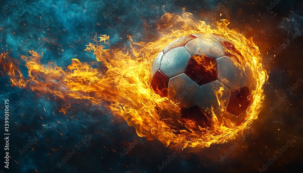 Fototapeta premium Fiery soccer ball in cosmic space. Passionate sport.