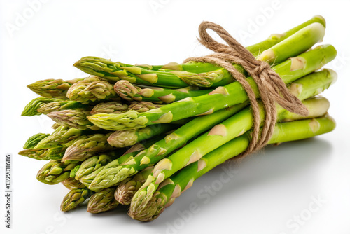 Fresh green asparagus bundled with twine for cooking, garnishing, or serving in a healthy meal