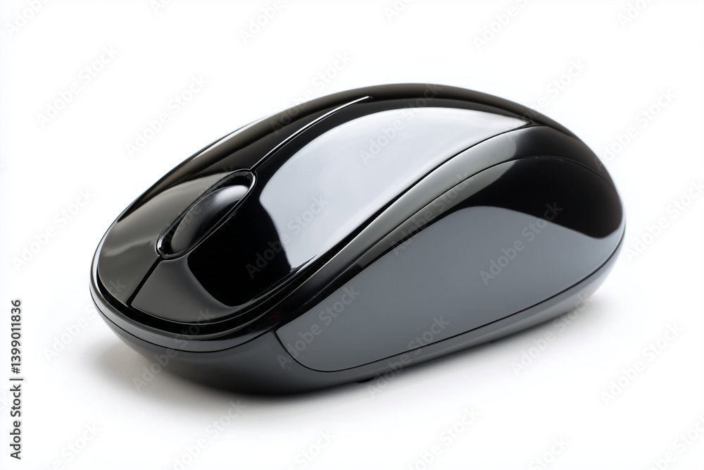 Wireless black computer mouse on a white background for office or gaming purposes Wireless black computer mouse on a white background for office or gaming purposes