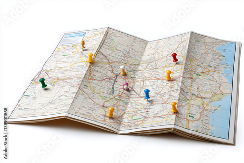 Colorful push pins mark various locations on a detailed paper map during an afternoon planning session