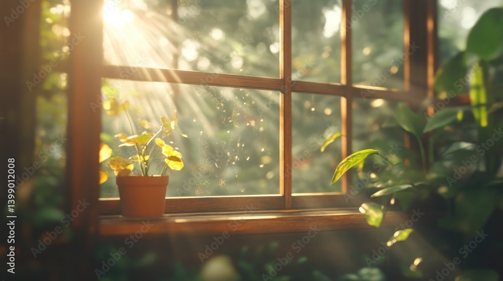 Sunlight streams through a window, illuminating a small plant in a terracotta pot, surrounded by greenery