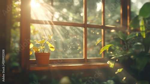 Obraz na płótnie Sunlight streams through a window, illuminating a small plant in a terracotta pot, surrounded by greenery w salonie